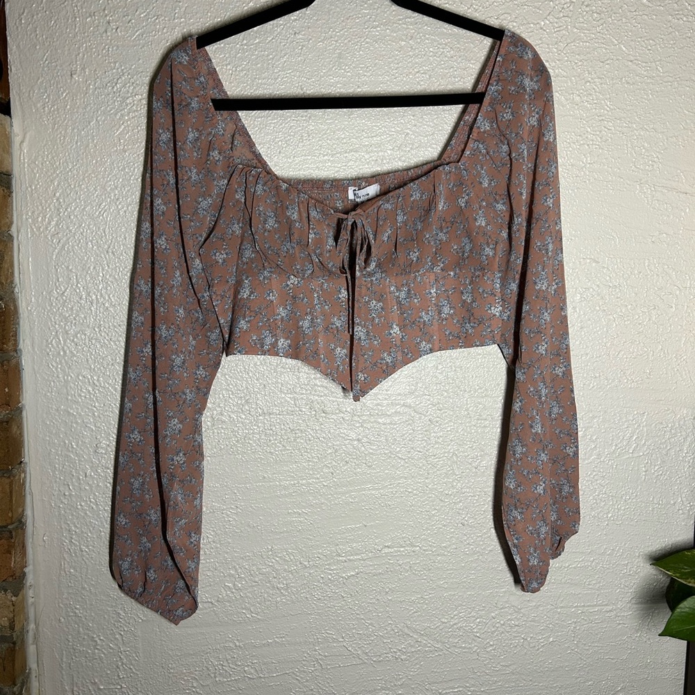 Edit By Nine Tie-Front Brown Puff-Sleeve Crop Top